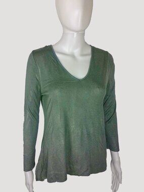 Khaki Olive Green Long Sleeve V-Neck Top